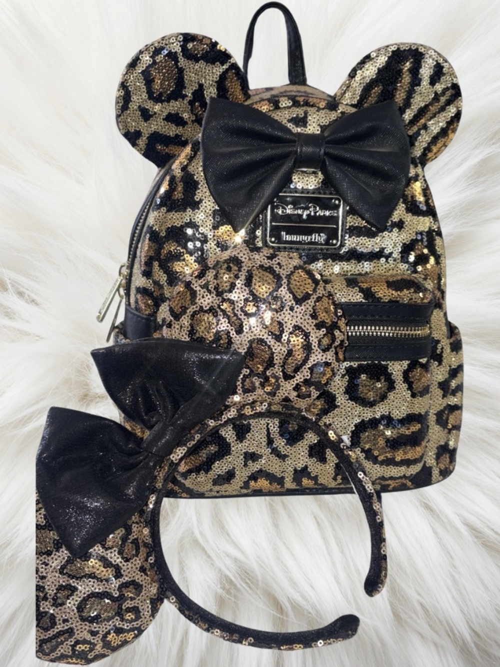 Disney Leopard Sequin Minnie Ear Backpack and Headband Set in Black and Gold